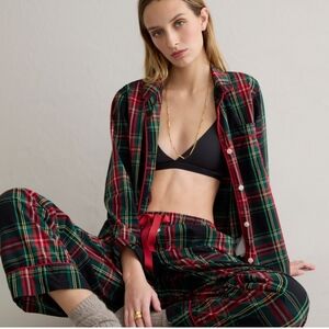 J. Crew Long-Sleeve Cotton Poplin Pajama Set in Black Stewart Tartan Sz XL